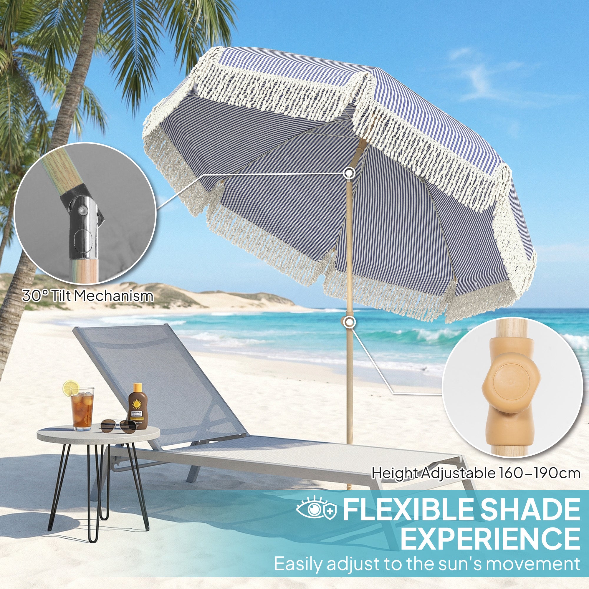 Outsunny 1.7 m Beach Umbrella with Sand Anchor, 30° Tilting Fringed Beach Garden Parasol with Adjustable Height, Blue 