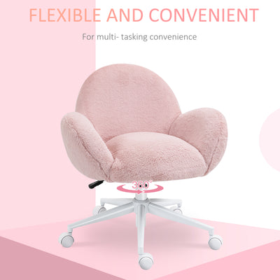 HOMCOM Makeup Vanity Chair, Cute Fluffy Desk Chair with Rolling Wheels for Bedroom Living Room, Pink 