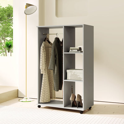HOMCOM Open Wardrobe on Wheels with Clothes Rail, Bedroom Clothes Storage with Hanging Rod, 3 Storage Shelves, Mobile Garment Rack for Cloakroom, Hallway, Grey 