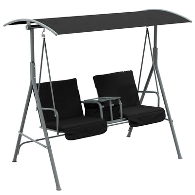 Outsunny 2 Seater Garden Swing Chair Patio Rocking Bench w/ Tilting Canopy, Double Padded Seats, Storage Bag and Tray, Black 
