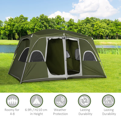 Outsunny Camping Tent, Family Tent 4-8 Person 2 Room, with Large Mesh Windows, Easy Set Up for Backpacking Hiking Outdoor, Green 