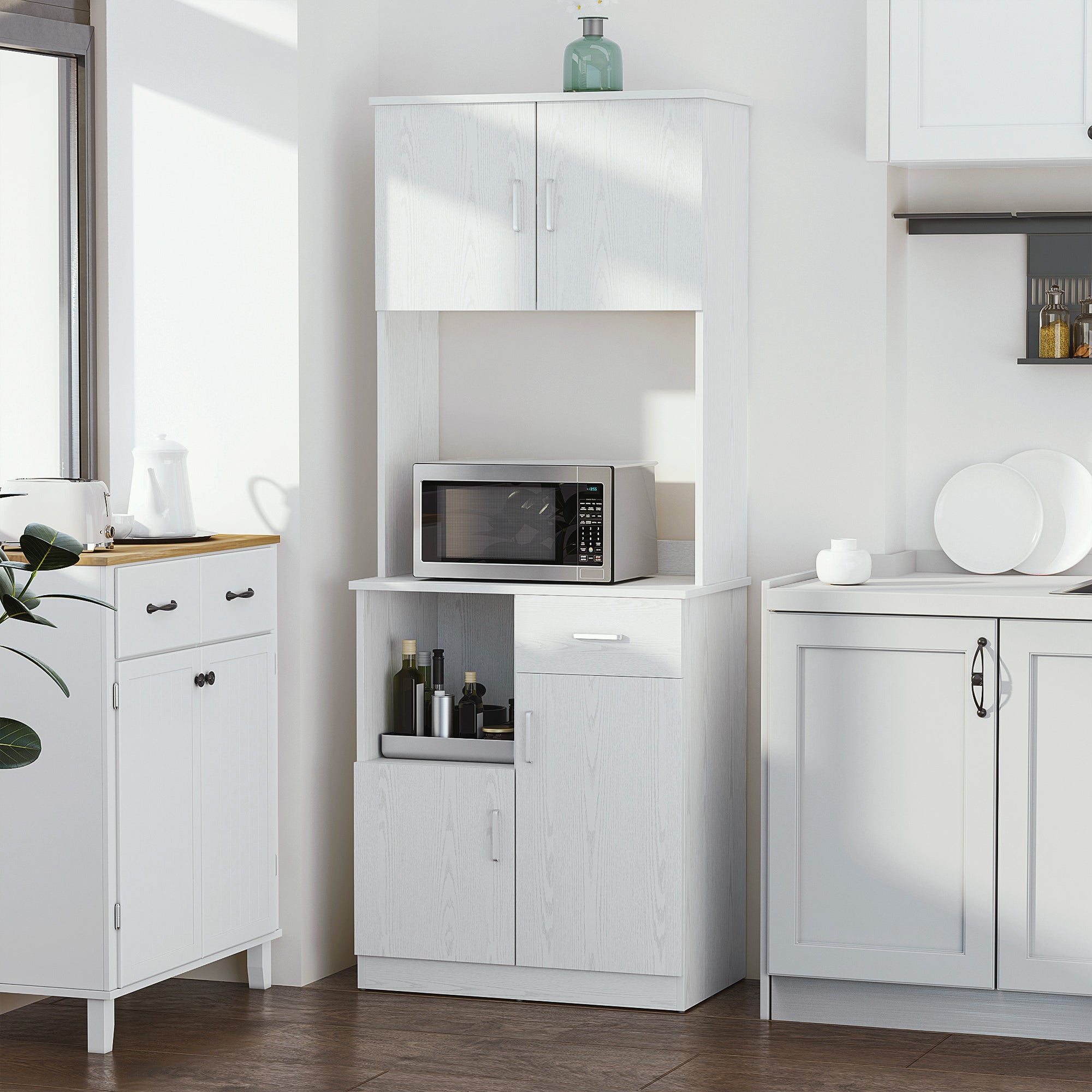 HOMCOM Freestanding Kitchen Cupboard, Modern Kitchen Storage Cabinet with Doors, Microwave Counter and Adjustable Shelves, White 