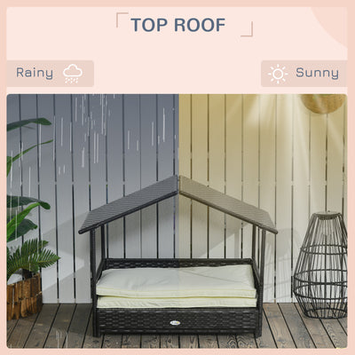 PawHut Extendable Elevated Dog Bed, Rattan Dog House, with Water-Resistant Roof, Removable Cushion, Cream 