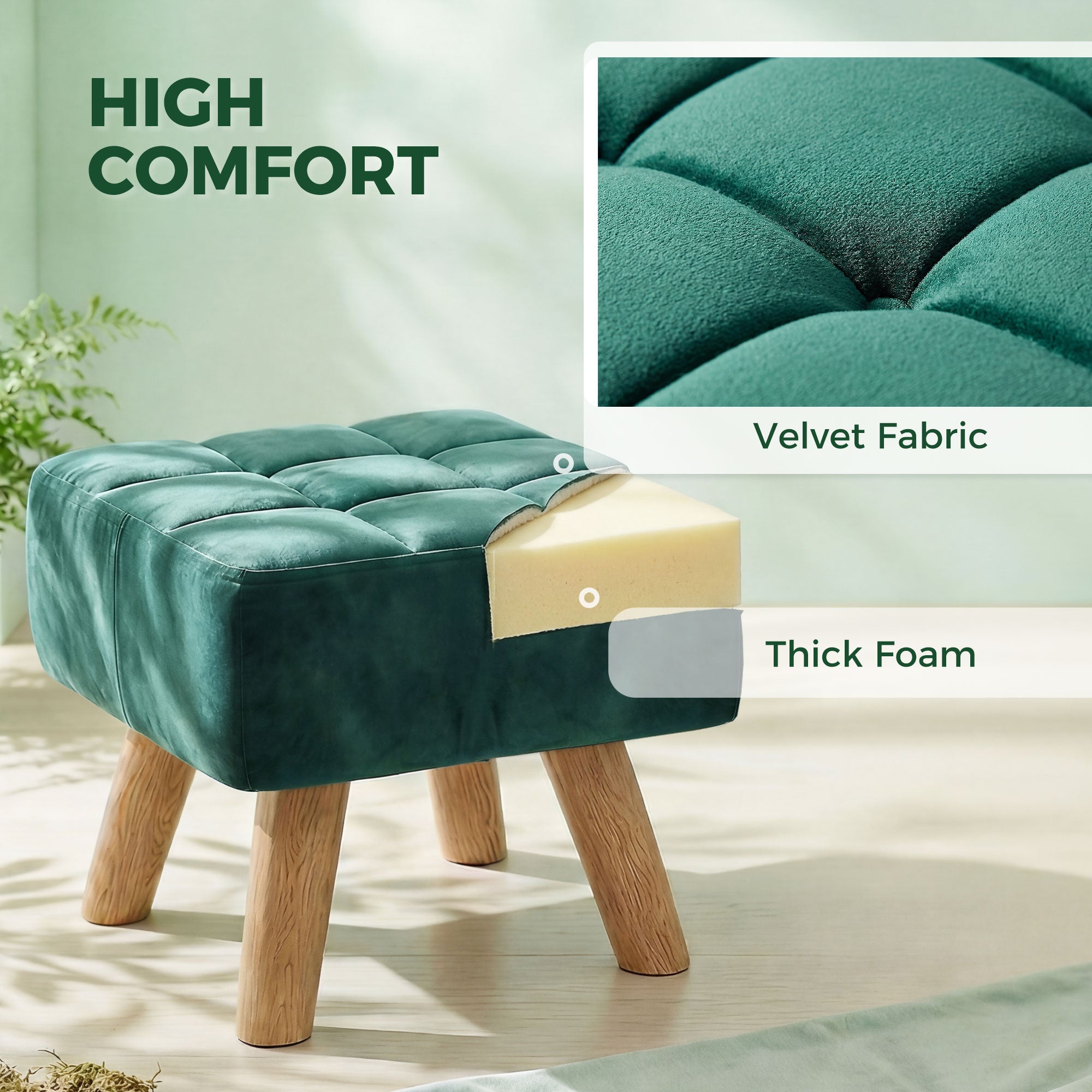HOMCOM Velvet Square Padded Footstool - Dark Green 