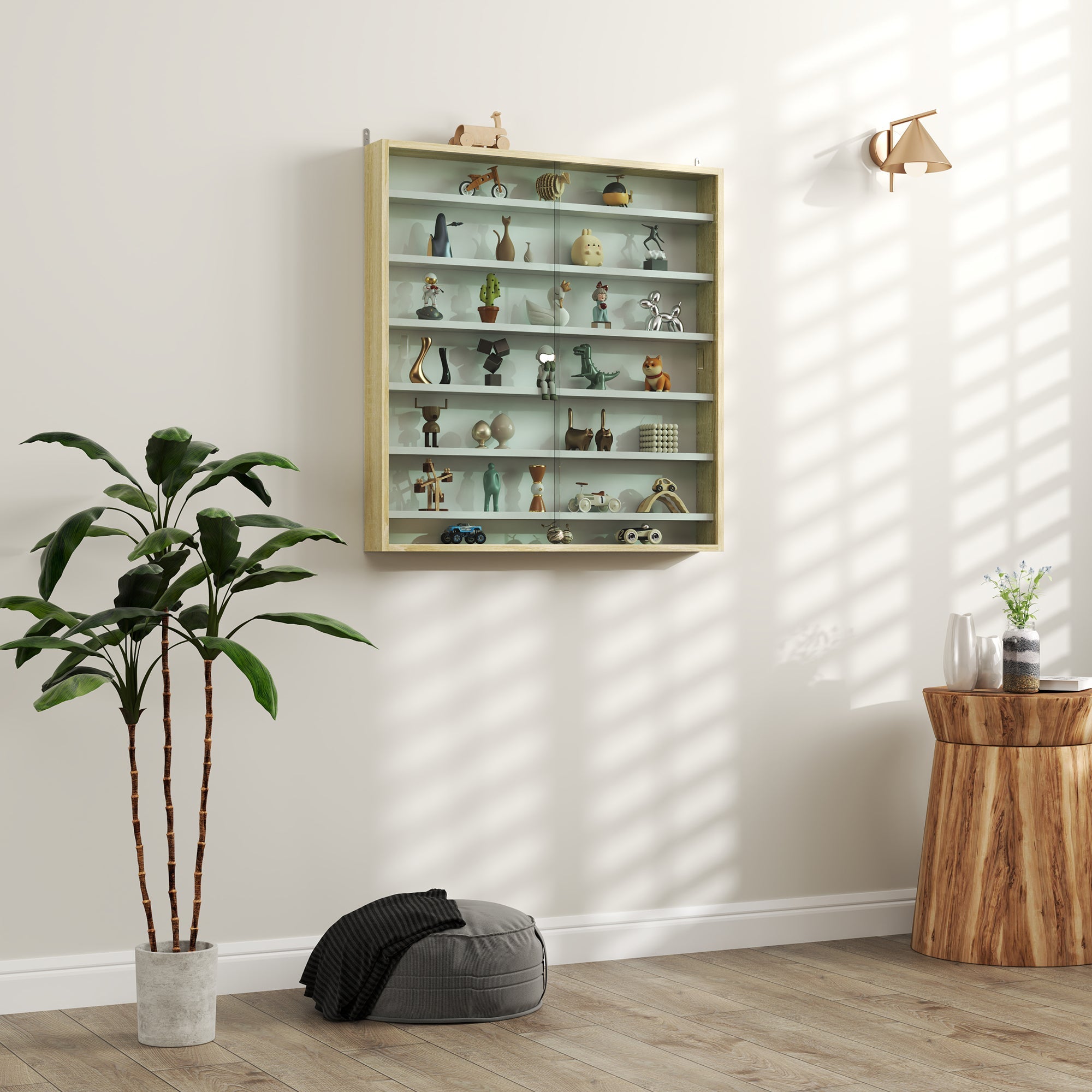HOMCOM 7-Tier Wall Display Shelf Unit Cabinet w/ 6 Adjustable Shelves Glass Doors Home Office Ornaments 83x80cm, Oak 