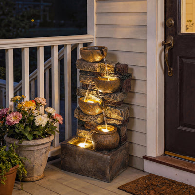 Outsunny 28" 5-Tier Outdoor Fountain, Cascading Waterfall Feature with LED Lights, Adjustable Flow, Rustic Brown 