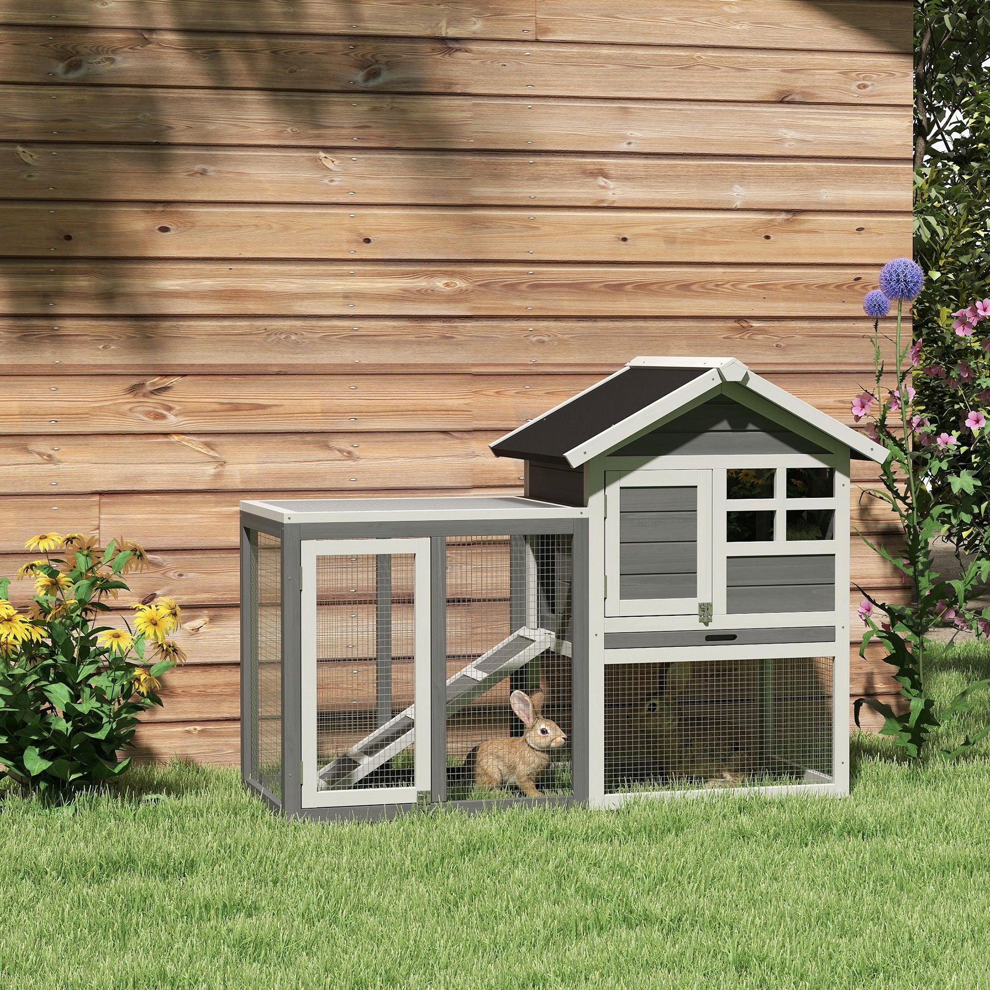 PawHut Rabbit Hutch Outdoor Wooden Guinea Pig Hutch Rabbit Run Bunny Cage Small Animal House Pull-Out Tray, Grey, 122 x 62.6 x 92 cm 