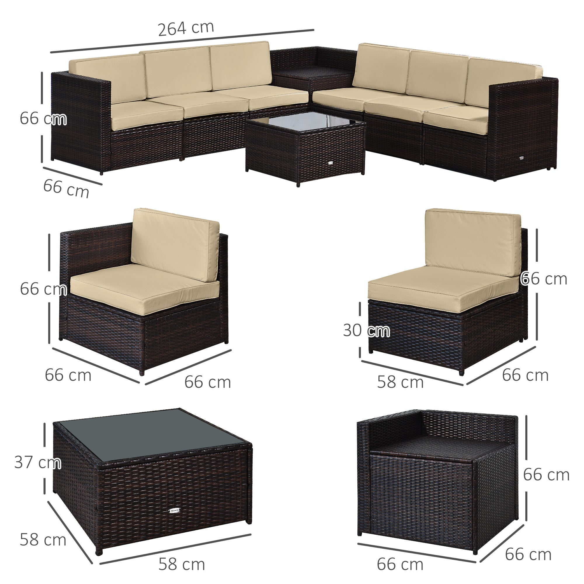 Outsunny 6-Seater Rattan Sofa Furniture Set W/Cushions, Steel Frame-Brown 