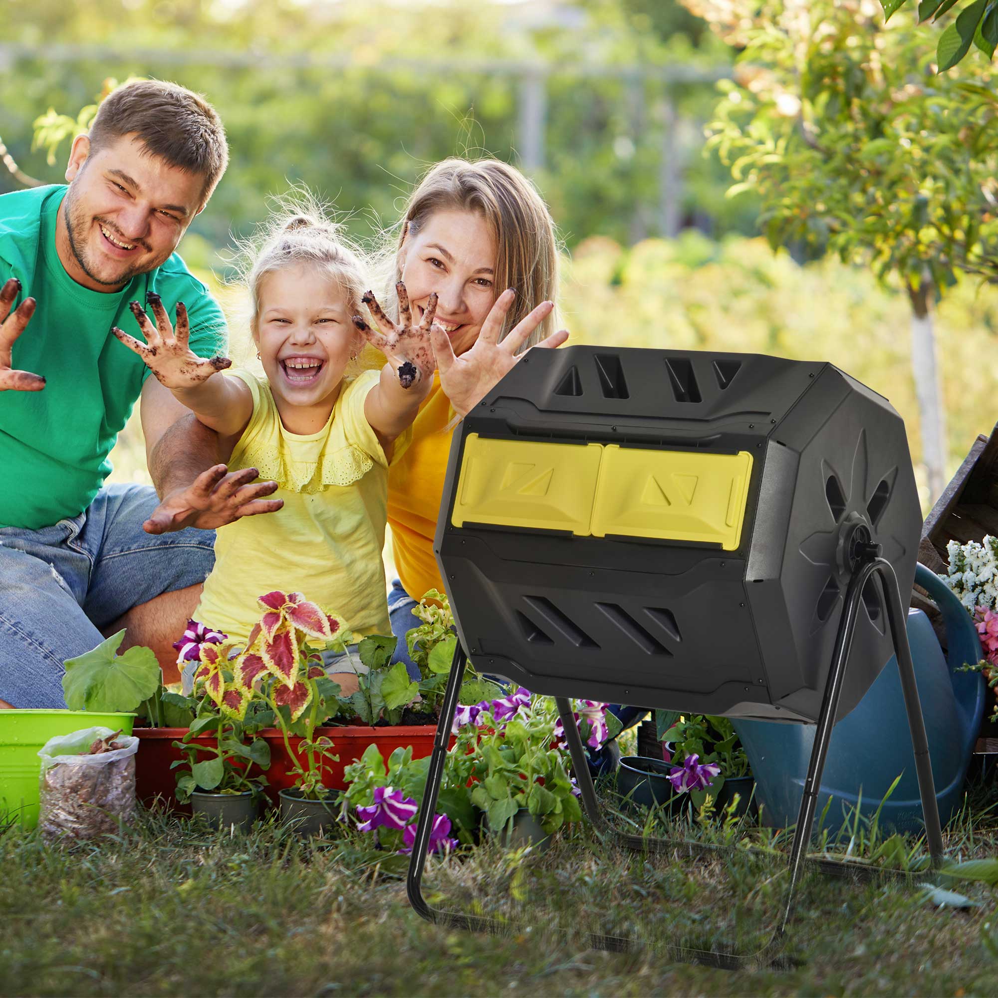 Outsunny 160L 360\'c2\'b0 Rotating Dual Chamber Composter - Yellow