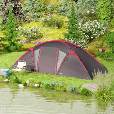 Outsunny 4-6 Man Family Camping Tent w/ 2 Bedrooms and a Living Room, Waterproof Tunnel Tent w/ Sewn In Groundsheet, Doors, Windows, Carry Bag, Grey 