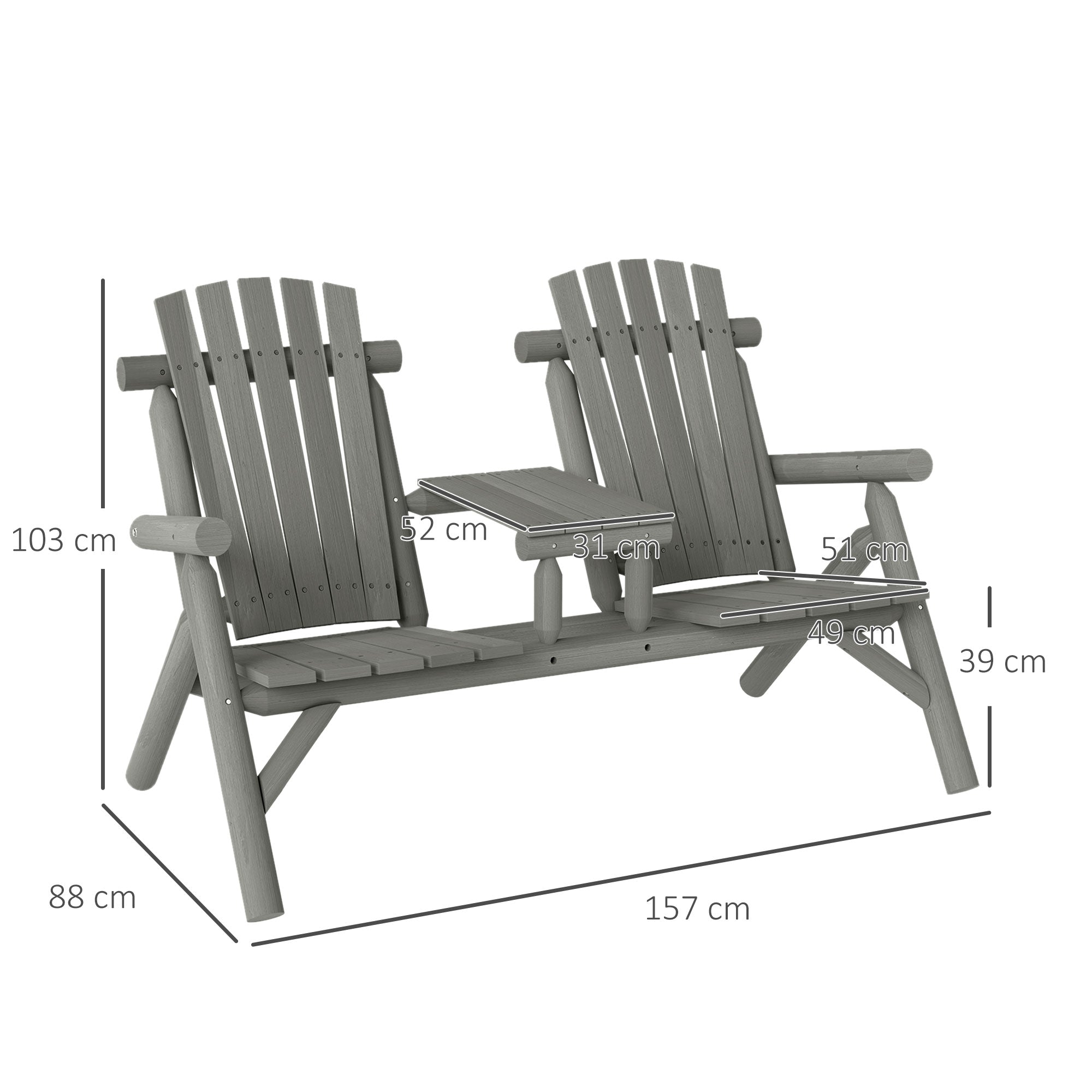 Outsunny Wood Patio Chair Bench 2 Seats w/ Centre Coffee Table, Garden Bench, Grey 