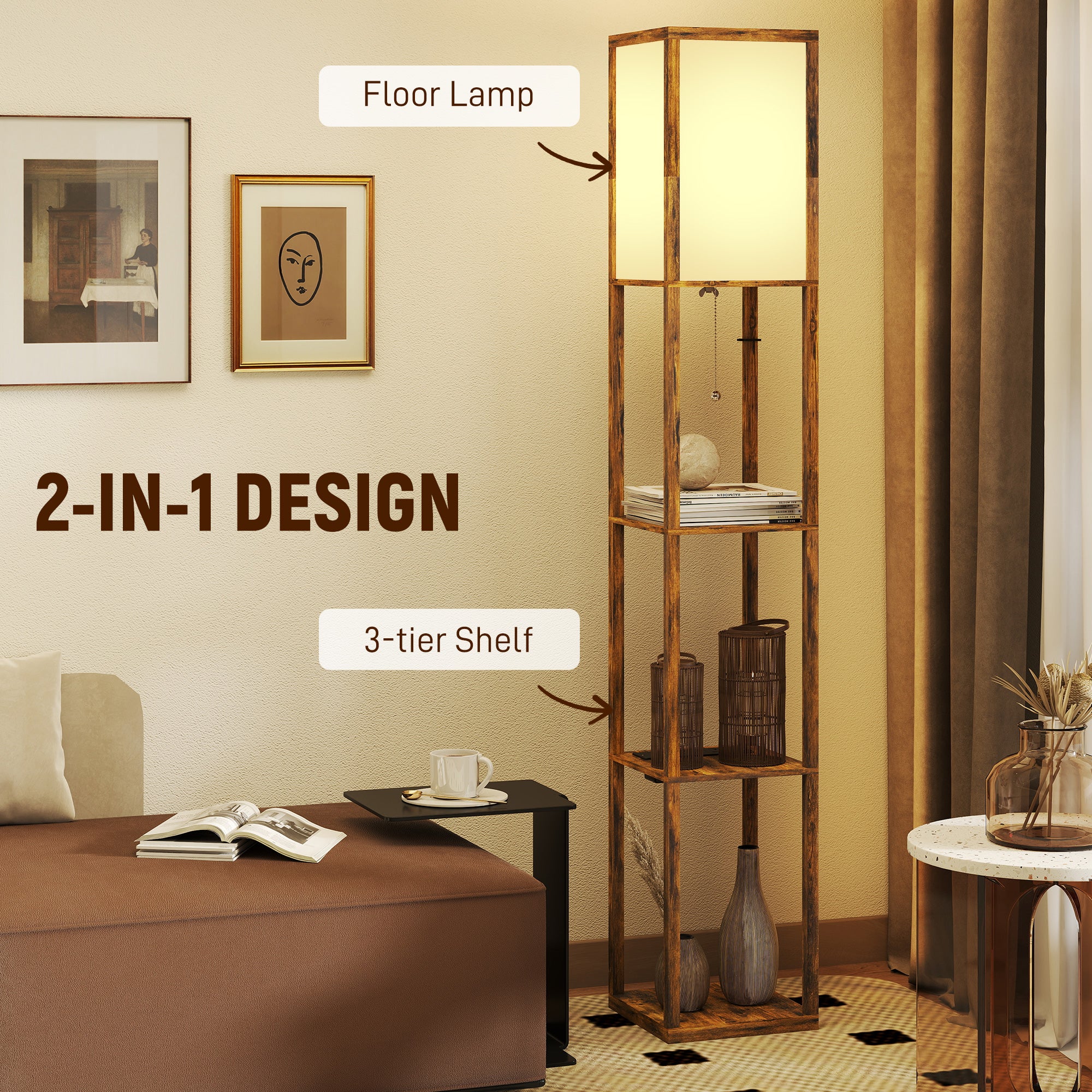 HOMCOM Floor Lamp with Shelves, 4 Layer Standing Lamp with USB Ports, 3 Colour Temperature, Rustic Brown 