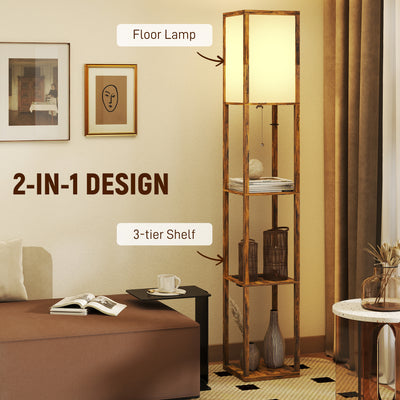 HOMCOM Floor Lamp with Shelves, 4 Layer Standing Lamp with USB Ports, 3 Colour Temperature, Rustic Brown 