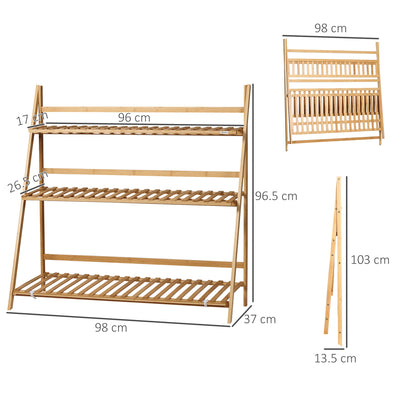 Outsunny 3-Tier Plant Stand, Plant Shelf Rack, Folding Bamboo Display Stand, 98x37x96.5cm, Natural 