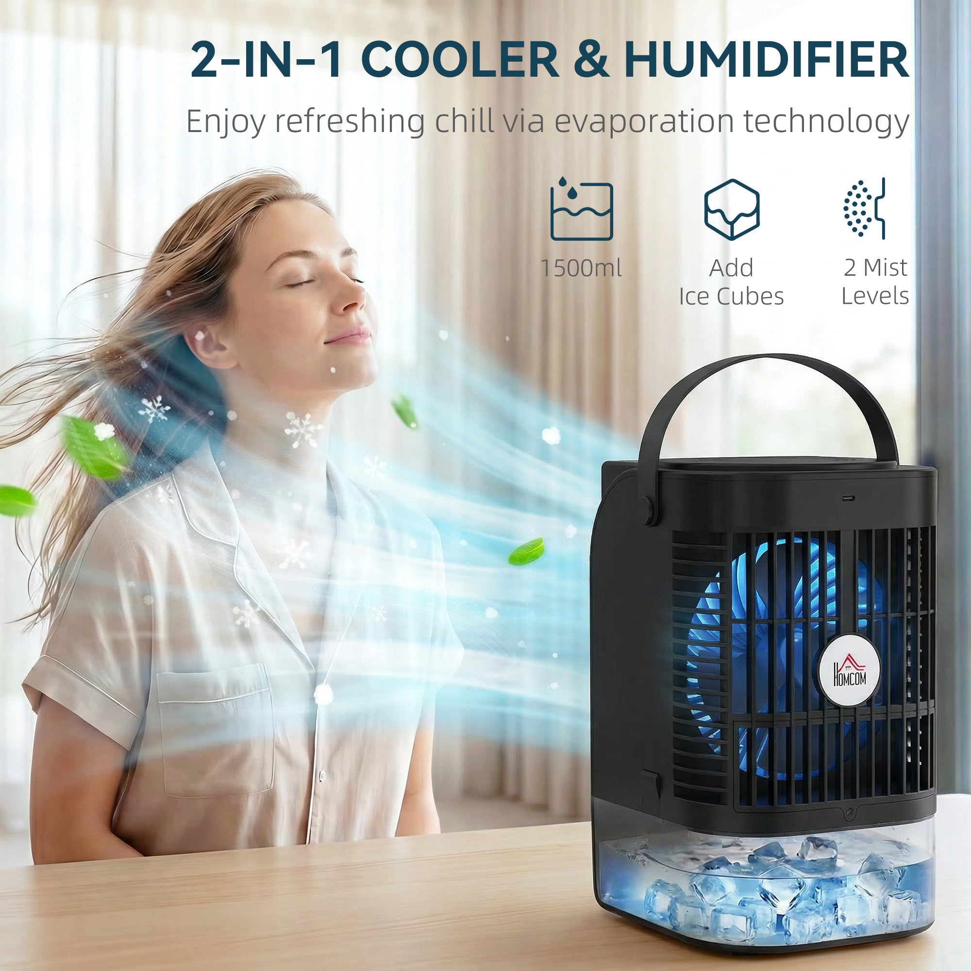 HOMCOM Portable Air Conditioner, 4-in-1 Mini Air Cooler with 4 Wind Speed, 2 Cool Mist, RGB 7 LED Light, Black 
