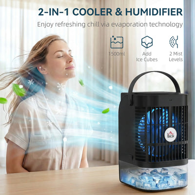 HOMCOM Portable Air Conditioner, 4-in-1 Mini Air Cooler with 4 Wind Speed, 2 Cool Mist, RGB 7 LED Light, Black 