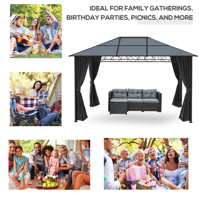 Outsunny Hardtop Gazebo Garden Pavilion with UV Resistant Polycarbonate Roof, Curtains, Steel & Aluminium Frame, 3 x 4m, Grey 