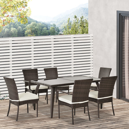 Outsunny 6 Seater Rattan Dining Set with Cushions, Rattan Garden Furniture Set, Outdoor Dining Table and Chairs with 6 Stackable Armchairs, Rectangular Glass Top Table for Patio, Balcony, Brown 