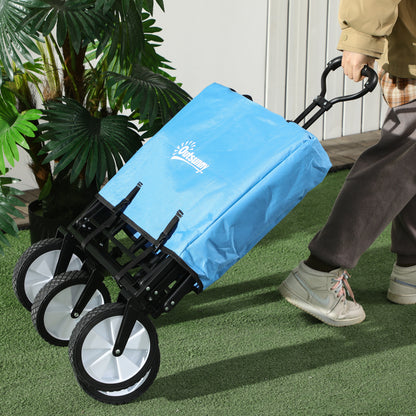 Outsunny 90L Folding Garden Trolley Cart Pull Along Wagon with Telescopic Handle for Beach Camping Festival - Blue 