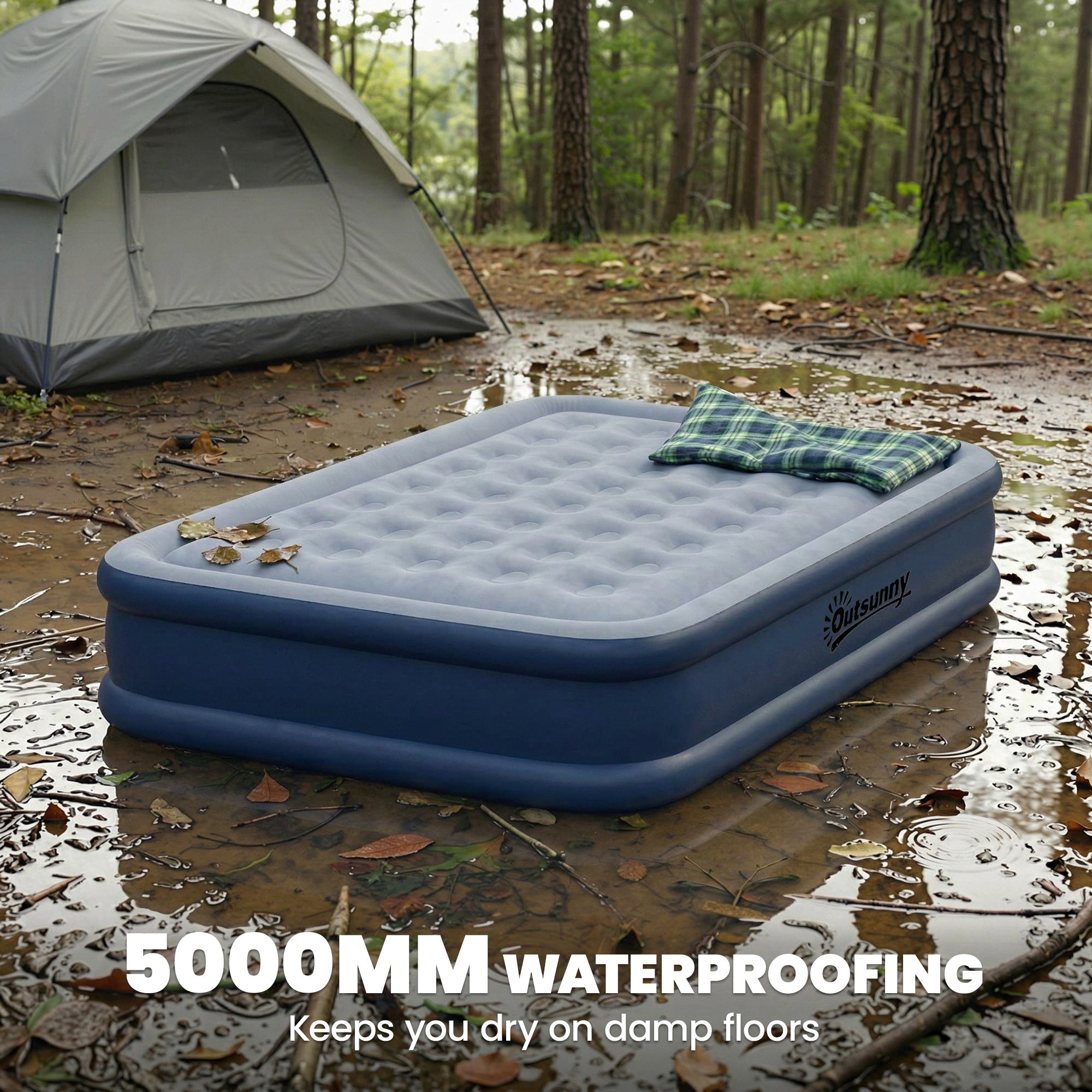 Outsunny Inflatable Mattress, Double Air Bed with Built-in Electric Pump, 3 Mins Inflation, Flocked Surface, Grey 