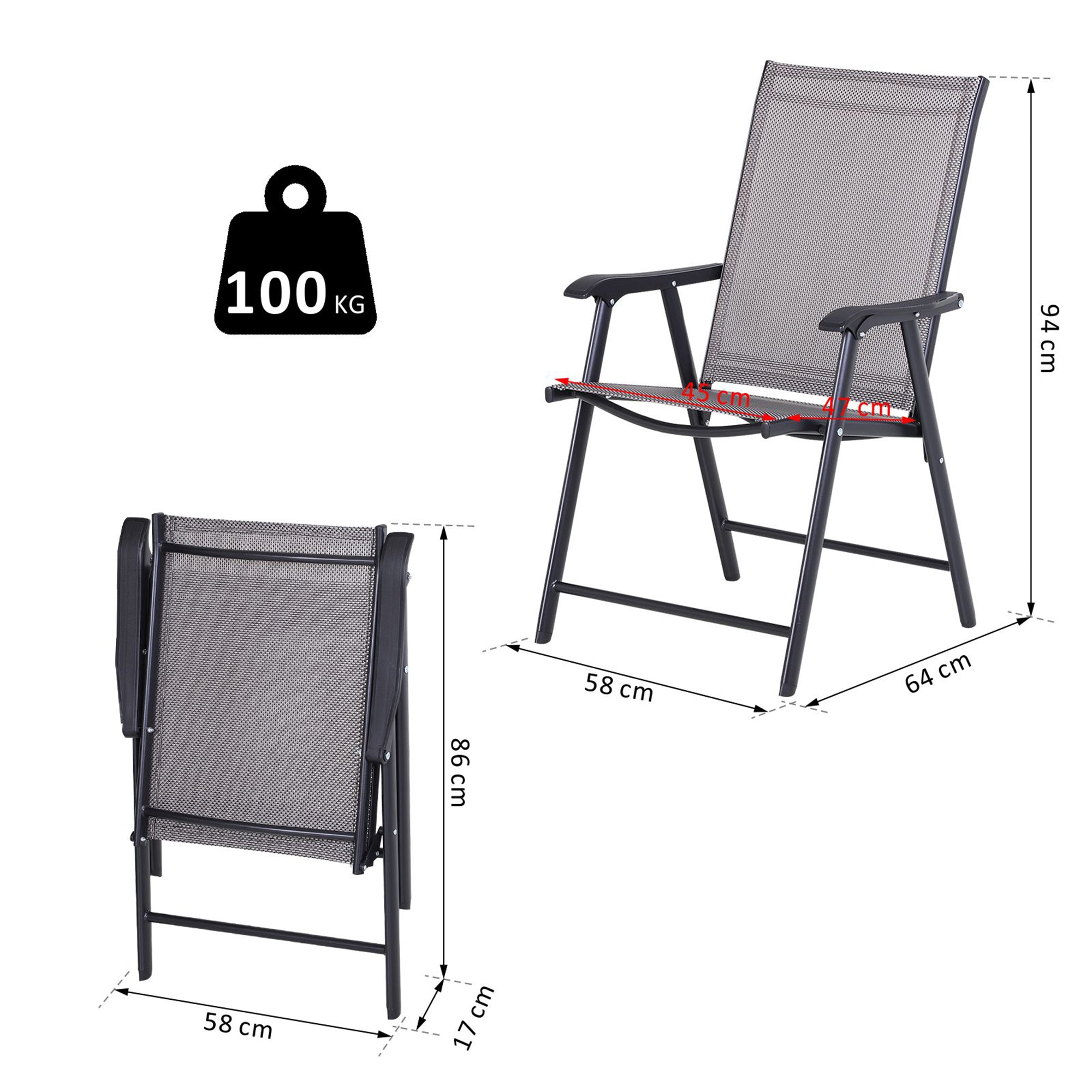 Outsunny Set of 2 Folding Garden Chairs, Metal Frame Garden Chairs Outdoor Patio Park Dining Seat with Breathable Mesh Seat, Grey 