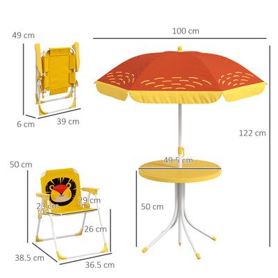 Outsunny Kids Picnic Table and Chair Set, Lion Themed Outdoor Garden Furniture w/ Foldable Chairs, Adjustable Parasol - Yellow 