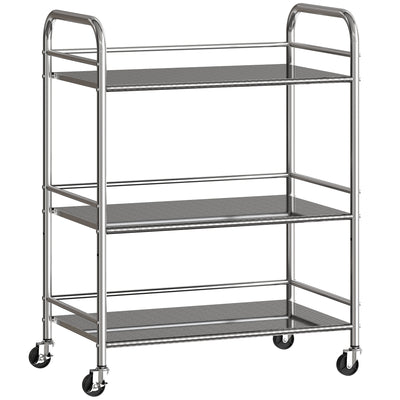 HOMCOM 3 Tier Stainless Steel Kitchen Storage Trolley with Adjustable Shelf - Silver 