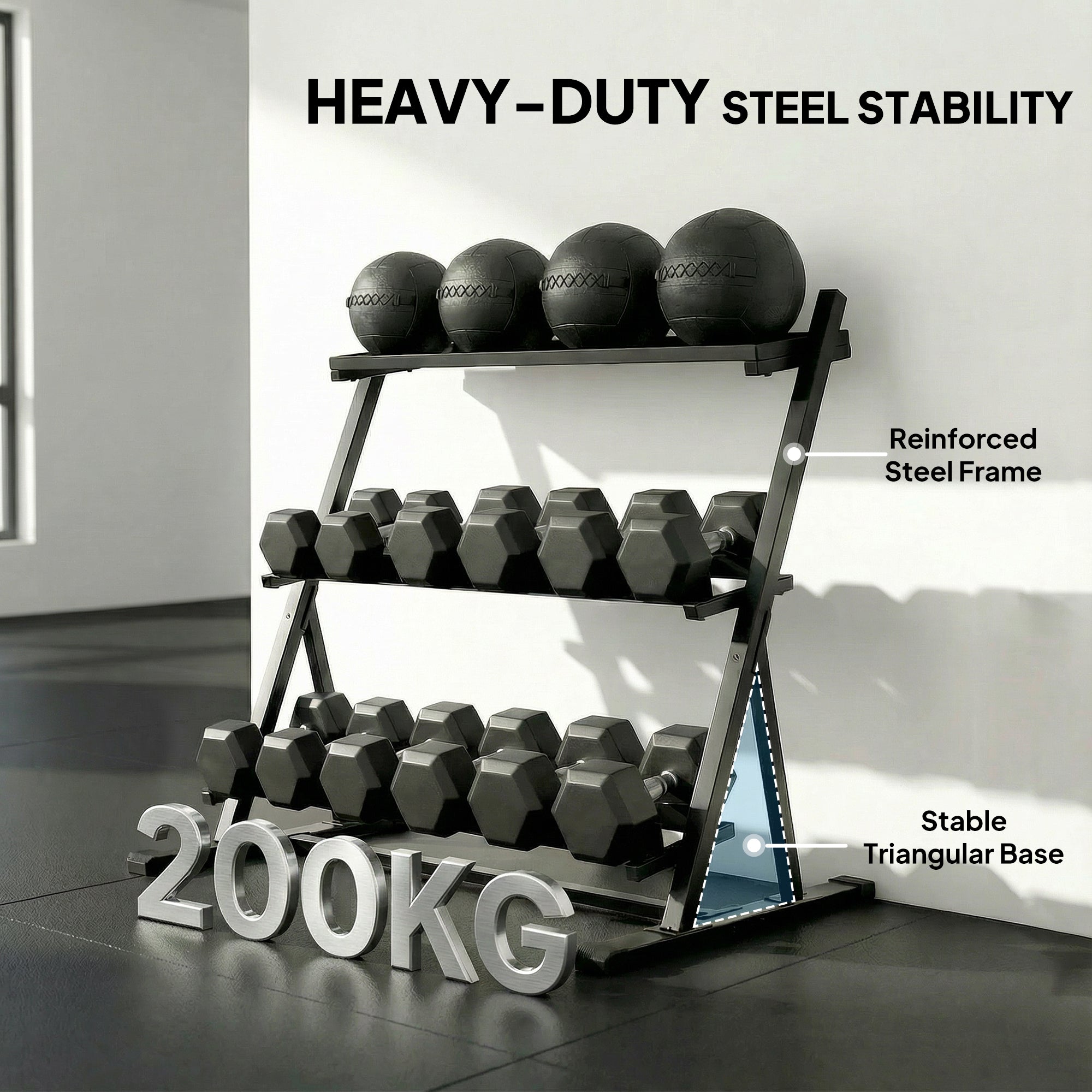 SPORTNOW 3-Tier Adjustable Dumbbell Rack, Heavy-Duty Weight Rack for Dumbbells, Kettlebells and Multiple Balls, Space-Saving Weight Storage Stand for Home Gym, 200 KG Capacity 
