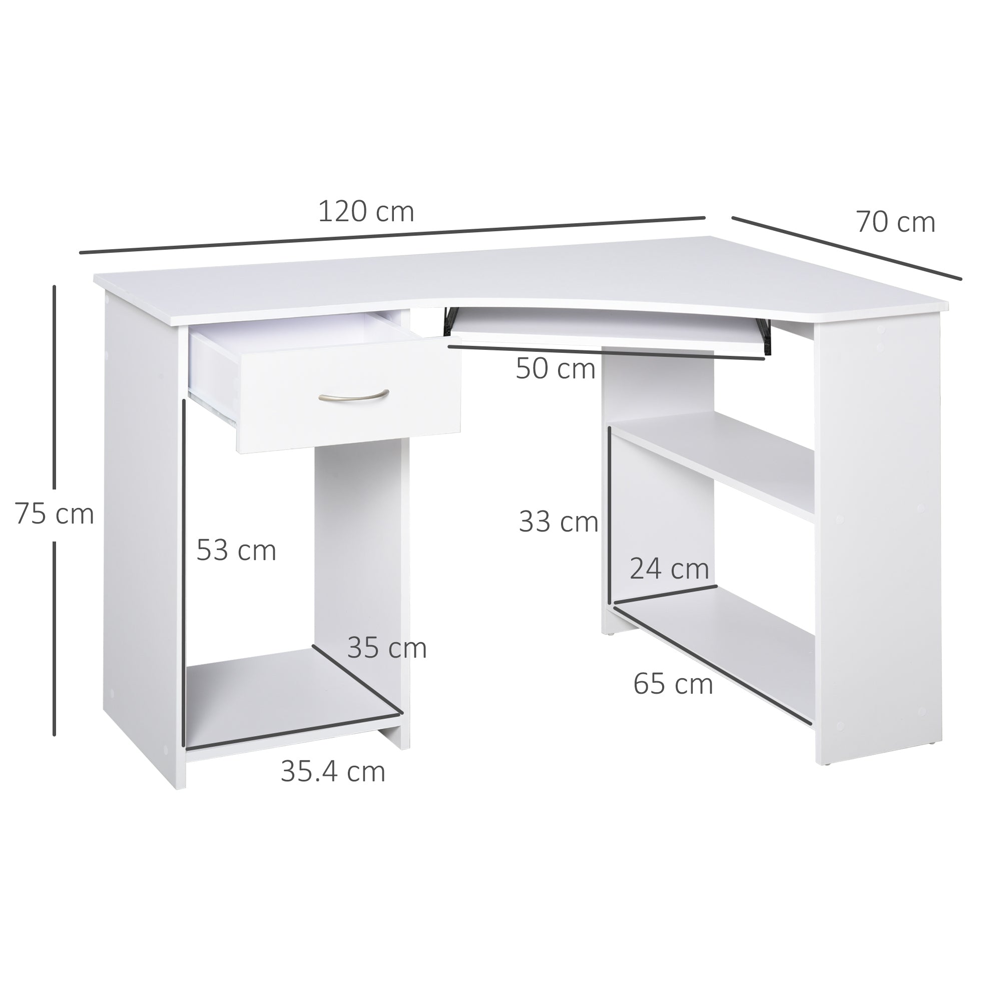 HOMCOM L-Shaped Corner Computer Desk w/ 2 Shelves Wide Worktop Keyboard Tray Drawer & CPU Stand Home Office Study Bedroom Furniture White 
