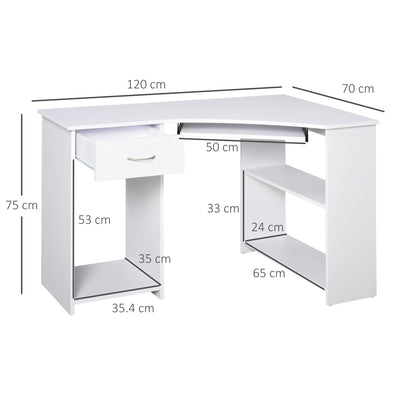 HOMCOM L-Shaped Corner Computer Desk w/ 2 Shelves Wide Worktop Keyboard Tray Drawer & CPU Stand Home Office Study Bedroom Furniture White 