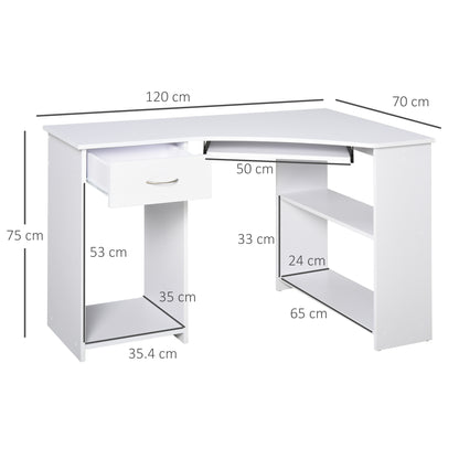 HOMCOM L-Shaped Corner Computer Desk w/ 2 Shelves Wide Worktop Keyboard Tray Drawer & CPU Stand Home Office Study Bedroom Furniture White 
