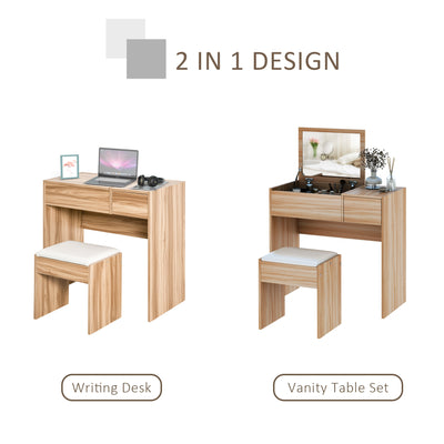HOMCOM Makeup Desk with Drawer, Vanity Table Set with Flip-up Mirror and Cushioned Stool, Natural 