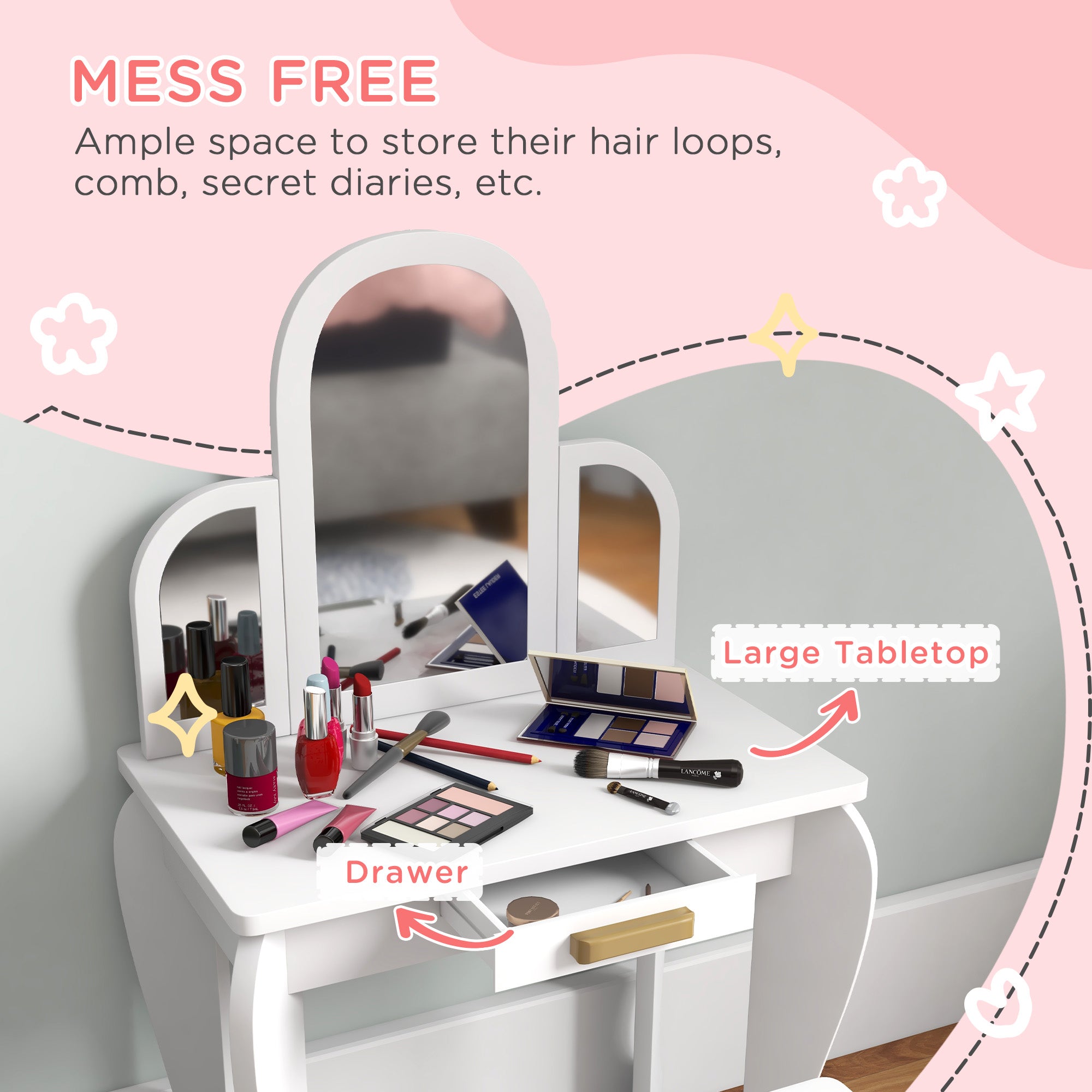 HOMCOM Kids Dressing Table Set, with Mirror and Drawer - White 
