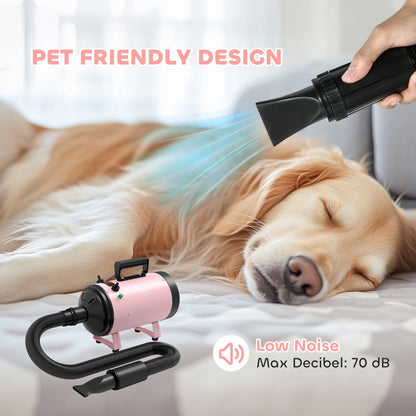 PawHut 2200W Dog Hair Dryer with Adjustable Temperature & Velocity, 3 Different Nozzles, Pink 