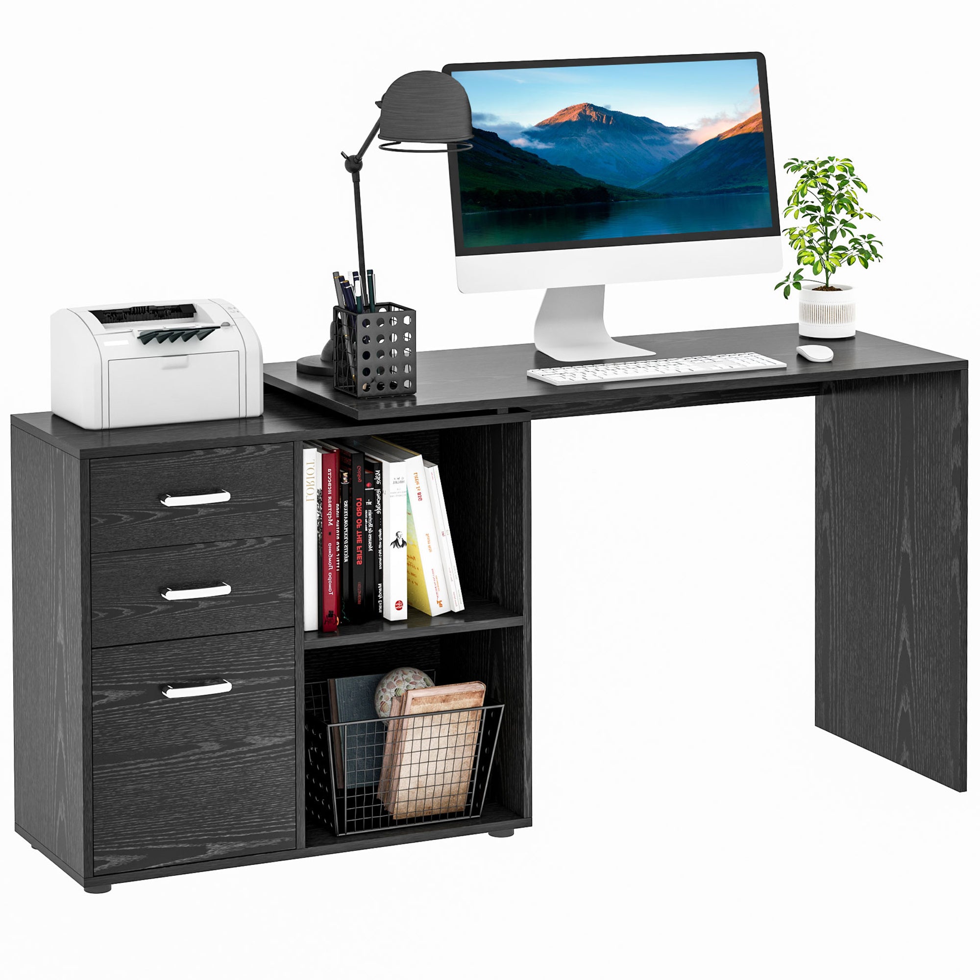 HOMCOM L Shaped Computer Desk, Reversible Home Office Desk with Drawers, File Cabinet and Storage Shelves, Study Table, 117 x 83.5 x 76cm, Black 