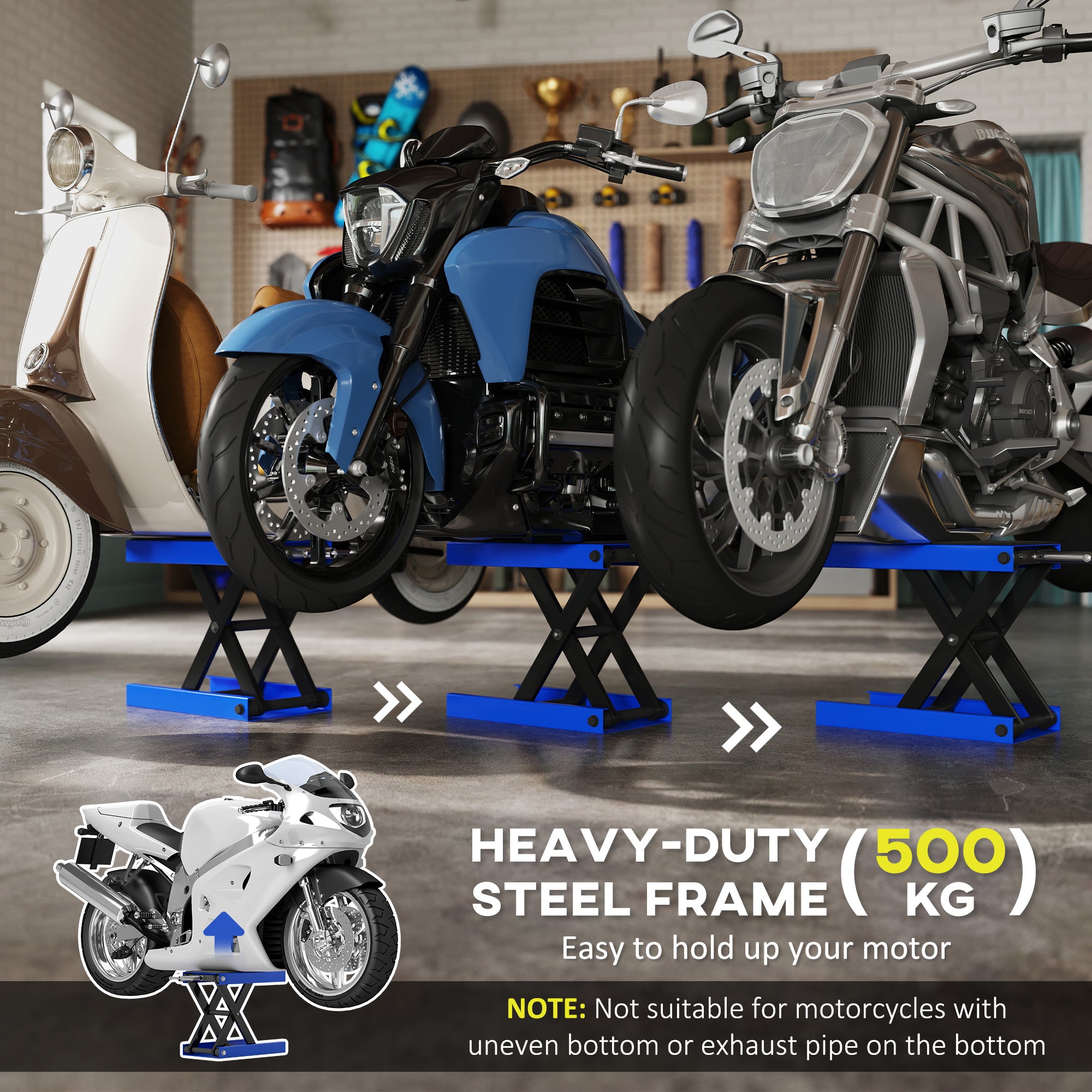 DURHAND 500KG Motorcycle Lift Scissor Jack, Height Adjustable Motorbike Stand with Anti-Slip Wide Deck, Heavy Duty Steel Motorbike Repair Lift Hoist Stand for Home Garage, Blue