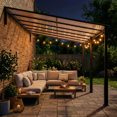 Outsunny 4 x 3 m Metal Lean-to Pergola, Wall-Mounted Garden Pergola with Polycarbonate Roof and Metal-Aluminium Frame, Heavy Duty Hardtop Gazebo for Outdoor Patios, BBQ, Brown 