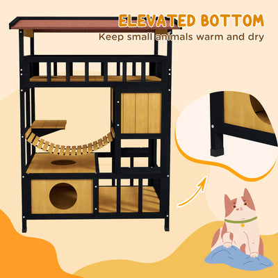 PawHut Outdoor Cat Shelter, Four-Tier Wooden Feral Cat House, with Suspension Bridge, Cat Houses, Balcony, Escape Doors 