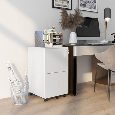 Vinsetto 2-Drawer Vertical Filing Cabinet with Lock and 5 Wheels, Steel Mobile File Cabinet, for A4, Legal and Letter Size, Pre-Assembled Body, White 