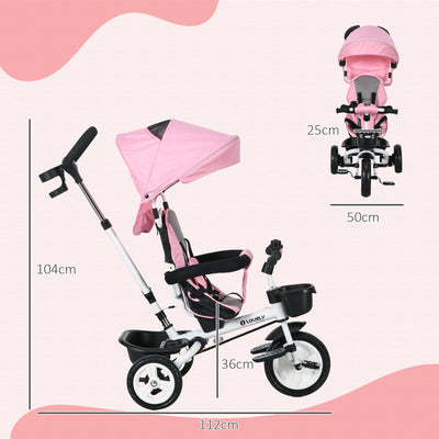 HOMCOM Metal Frame 6 in 1 Baby Push Tricycle with Parent Handle for 1-5 Years Old, Pink 