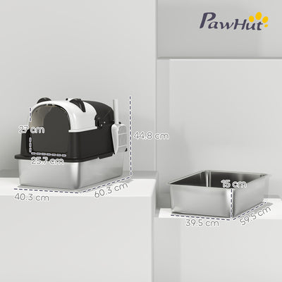 PawHut Panda Style XL Stainless Steel Cat Litter Box with Lid, Enclosed Kitty Litter Box with Scoop, 60 x 40 x 45 cm 
