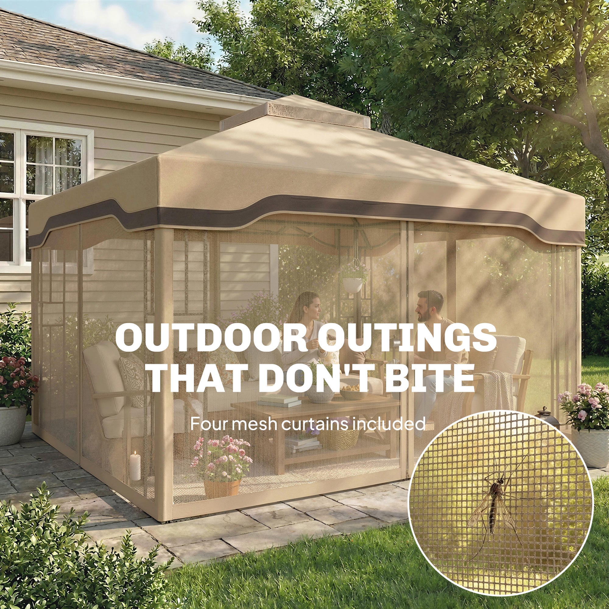 Outsunny 3 x 3.6 m Outdoor Garden Gazebo with Post Shelves, UPF50+ Patio Permanent Pavilion with Hook, Khaki 