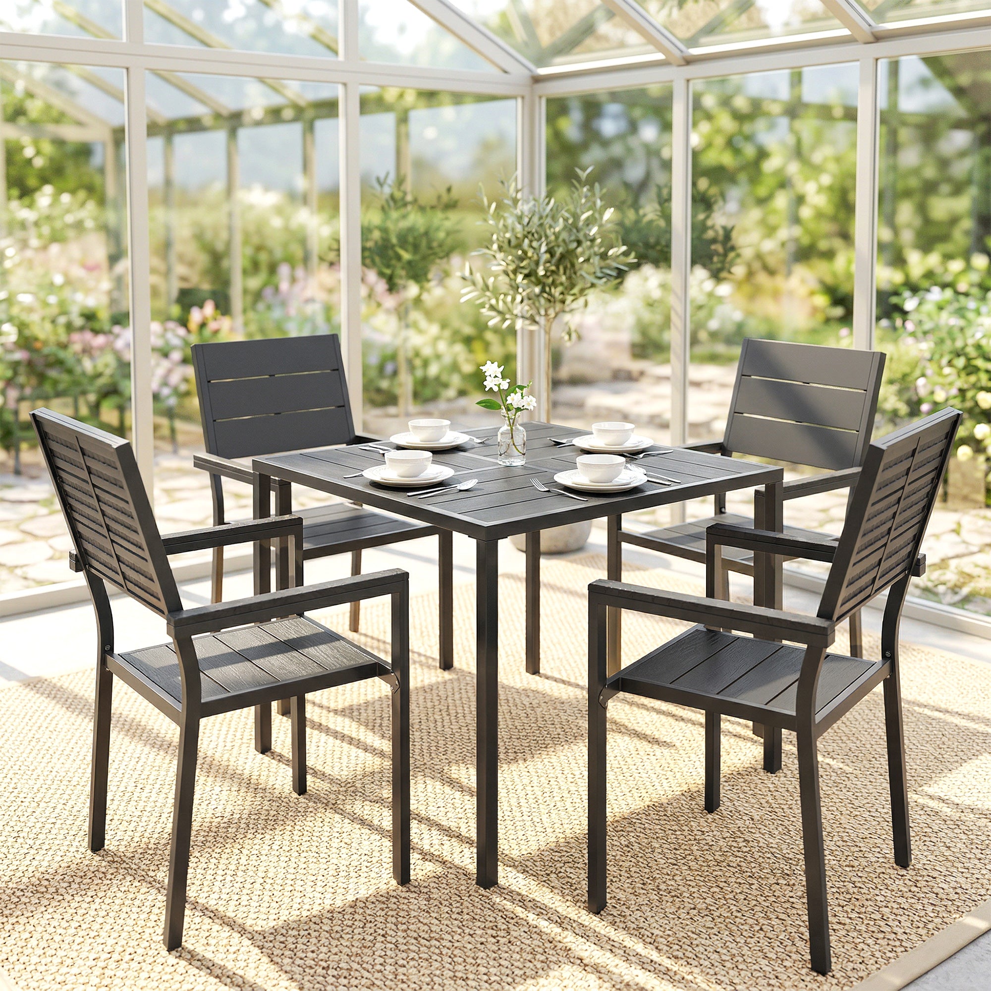 Outsunny 5 Pieces Garden Dining Set, Garden Table and Chairs Set for 4 with Square HDPE Table and Chairs with Armrests, Black 