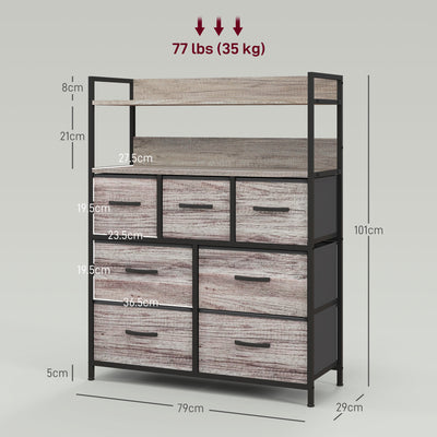 HOMCOM Rustic Chest of Seven Fabric Drawers - Grey Wood Effect 