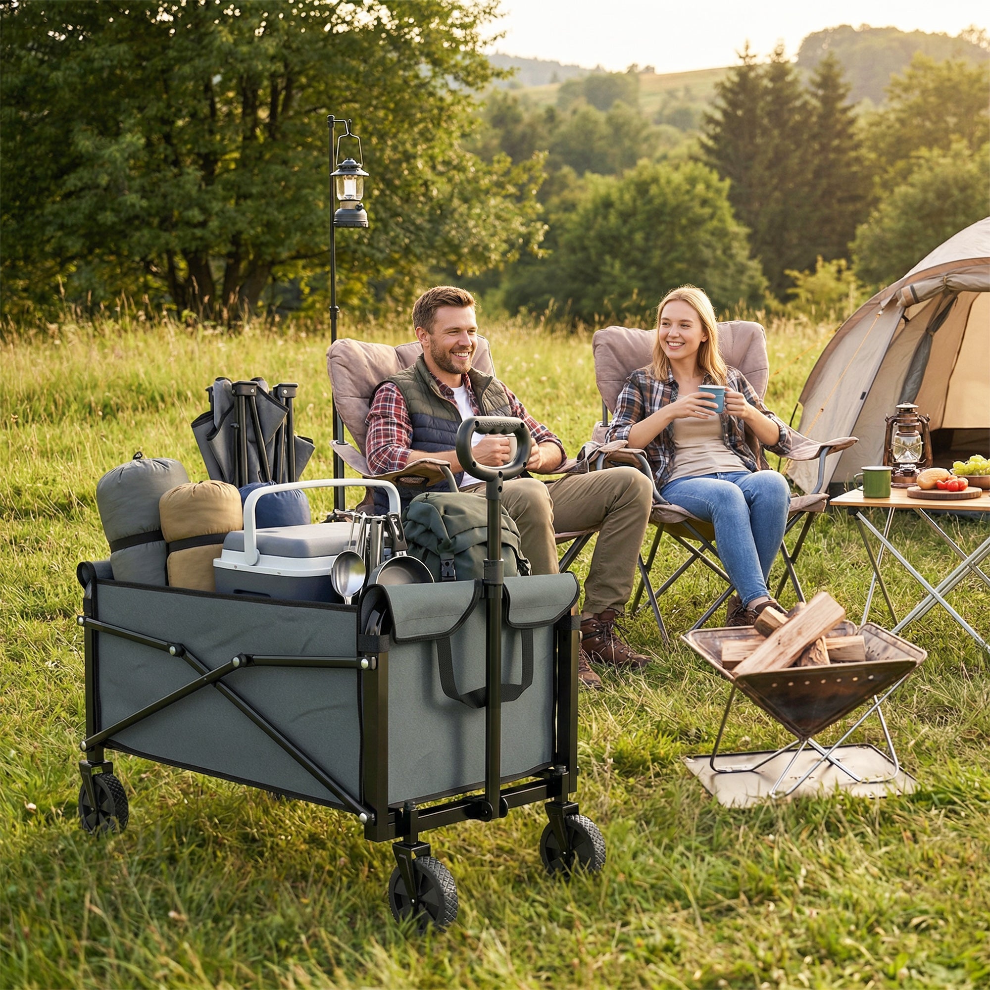 Outsunny 81L Festival Trolley on Wheels, Compact Garden Folding Trolley Cart with Adjustable Handle 80L, Grey 