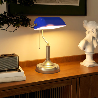 HOMCOM Banker's Desk Lamp with Antique Bronze Tone Base, Table Lamp with Blue Glass Shade for Home Office, Blue 