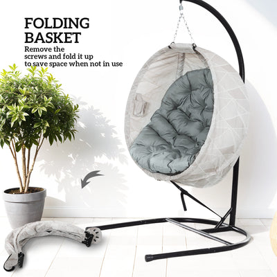 Outsunny Hanging Egg Chair Outdoor Indoor Garden Swing Chair with Folding Basket, Garden Hanging Chair with Stand, Thickened Cushion, Cup Holder for Patio, Balcony, Grey 