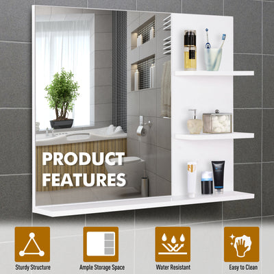 kleankin Modern Bathroom Mirror, Wall-mounted Vanity Mirror with 3 Tiers Storage Shelves for Make Up, White 