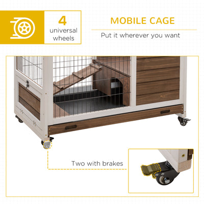 PawHut Wooden Guinea Pig Hutch, 2-Floor Bunny Cage w/ Enclosed Run Area, Brown 