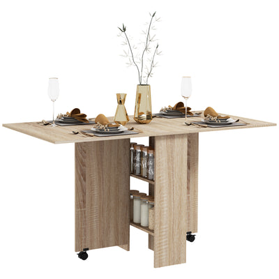 HOMCOM Folding Dining Table, Drop Leaf Table for Small Spaces with 2-tier Shelves, Small Kitchen Table with Rolling Casters, Natural 